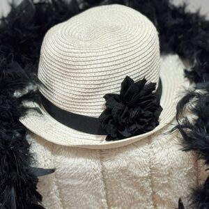 White House Black Market Black and White Straw Hat with Flower Accent